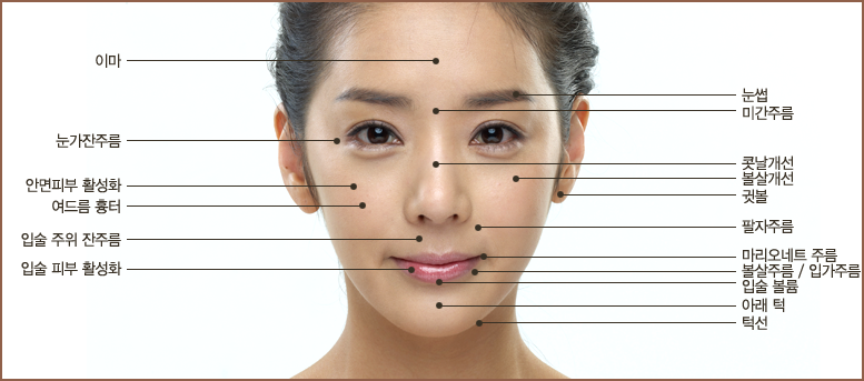 이마,눈가잔주름, 안면피부활성화,여드름흉터, 입술주위잔주름, 입술 피부 활성화,눈썹,미간주름,콧날개선,볼살개선,귓볼, 팔자주름,마리오네트주름, 볼살주름/입가주름, 입술볼륨, 아래 턱, 턱선